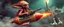 Placeholder: hairy macho gremlin octopus lizard aliens living in a hi tech marvellous hot dog art graphics rocket with a mounted sling shot, heading for venus stone castle, background motion blur and smoke swirls, and cheeky geese