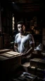 Placeholder: full figure photography of a shy burly chubby muscular 28 year old sicilian man with short beard white t-shirt, in a dark cellar full of cardboard boxes and old objects , look at camera, shy eyes, hyper realistic, Cinematic, 35mm lens, f/1.8, side light, dim lights, ambient occlusion , frontal view from the ground