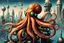 Placeholder: A captivating retro-futuristic illustration of an octopus in a classy science fiction world. The octopus, with an intricate steampunk design, is the centerpiece of the artwork. Its eight tentacles are adorned with various gadgets and glowing devices, including vintage gears and machinery. The background showcases a cityscape that combines old-world charm and futuristic architecture, with a neon skyline and a massive spaceship floating overhead. The overall atmosphere of the image is a blend of n