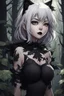 Placeholder: CAT GIRL, goth, forest, nature, cartoon, leaves, half black half white hair, boobs