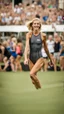 Placeholder: anorexic beautiful woman, age 21, total shot, anthracite triathlon swimsuit, medium long wavy bob haircut, blond hair, blurred party crowd in background