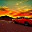 Placeholder: muscle car, desert road, sunset, full colour