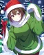 Placeholder: Girl with short brown hair, red eyes, green sweatshirt with a horizontal yellow stripe, he is wearing a Christmas hat, and in the background there are trees in the cold winter with lots of snow, Anime Hq style