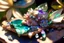 Placeholder: closeup, cute chibi sleeping fairy, Coloured glass flowers set with gemstones, glittering metal stems and gemstone leaves on a room table sharp focus elegant extremely detailed intricate very attractive beautiful dynamic lighting fantastic view crisp quality exquisite detail in the sunshine gems and jewels