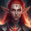Placeholder: Generate a dungeons and dragons character portrait of the face of a female high elf wizard with red hair. She is wearing an amulet with a red gem around her neck, glowing with power. The amulet is corrupting her. She is wielding powerful magic. Show her being corrupted by darkness because the amulet. She looks mad and evil.