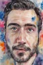 Placeholder: facial portrait, wide set blue eyes, large, curved down nose, big lips, square jawline, bushy eyebrows, dark brown hair, gray sideburns, goatee, a bright, extremely colorful, multicolored watercolor stained wall in the background