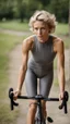 Placeholder: photography of a beautiful anorexic woman, grey satin triathlon top, sports illustrated, blond short wavy bob haircut, pronounced sternum, flat chest, anthracite cycling leggins