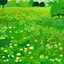 Placeholder: A lime green field with copied flowers designed in African pottery painted by Georges Seurat