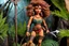 Placeholder: (1960's stop-motion animation puppet, in the style of Ray Harryhausen) Close-up shot of Shanna the She-Devil, the jungle girl, executed as a handcrafted articulated armature puppet. She stands 10 inches tall within a detailed stop-motion diorama of a primordial jungle, built with layers of textured painted paper, foam, dried moss, and miniature tropical foliage. Shanna wears a carefully stitched leather and felt leopard print two-piece swimsuit (revealing outfit) with micro-textures mimicking fu