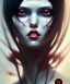 Placeholder: girl, cute, beautiful, white eyes, red lips, black hair with bangs, goth, close up portrait by Greg Rutkowski