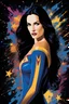 Placeholder: Pitch black background - multicolor splatter painting - 30-year-old Lynda Carter/Gal Gadot/Megan Gale/Demi Moore/Jennifer Connelly, who resembles Spock, with long, straight black hair, deep cobalt blue eyes, wearing a long-sleeved, blue, slit, mini dress with a plunging neckline and a star trek upside down V-shaped communicator badge on the left side of the chest -4k, 8k, 16k, 32k, 1080p, UHD, hyper realistic, photorealistic, lifelike, realistic, absolute reality,