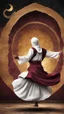 Placeholder: Hyper Realistic Sufi Whirling with Golden, Maroon & white Islamic Sufi Rustic Grungy Background with Islamic Architecture at night with black wind