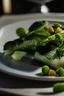 Placeholder: Film still in the style of a 2020s cooking programme, close up of a plate of food consisting of sea bass fillets sitting on a bed of broccoli with a few capers. Natural light, global illumination, uplight f/1.8