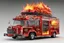 Placeholder: Crystal Clear glass food truck shaped like a firetruck, "5 Alarm Chili" food truck theme, fantastical vehicle with the side open to a ordering window and food bar, elaborate, vibrant, fantastical, photorealistic, maximalist, insanely detailed, concept art, red and black color scheme, smoke and sizzle effects