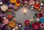 Placeholder: top view of lot of coloured flowers and gemstones in candlelight