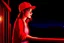 Placeholder: woman with a red baseball hat. leaning on a wooden balcony. night time. fantasy. anime.