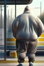 Placeholder: full figure shot back view of a fat guy , timid 45-year-old italian chubby in tracksuit, big buns, at bus stop photorealistic, ambient occlusion, sunlight