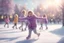 Placeholder: pencil drawing, pastel colours, in the foreground we see a purple knitted scarf falling on the ice, in the background cute cjibi children are skating happily in sunshine, ethereal, cinematic postprocessing, bokeh, dof