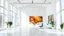 Placeholder: A white, futuristic, high floor and open creative studio with large windows allowing natural light to flood in. The interior is predominantly white and clean and has 2 big colourful paintings on one side of the wall. add in a small plant and a ceo desk. 3/4 side angle