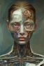 Placeholder: an abstract painting , by lucian freud, rust, mixed media, textured, anatomically correct, beautiful woman perfect face, sharp focus, highly detailed