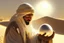 Placeholder: A sheikh dressed in Arab dress holds a palm-sized pearl, silky and shimmering in the desert sunlight.