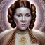 Placeholder: hyperspace background, complete and photo realistic detailed head to waist stunning photo realistic portrait of carrie fisher as Princess Leia in star wars with photo realistic hairstyle by Mandy Jurgens and mucha and Richard Schmid and chuck close and chie yoshii, extraordinary and detailed ceremony dress of star wars,brown eyes