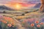 Placeholder: Amazing Sunset, flowers, countryside, rocky land, mountains, epic, sci-fi, fantasy, watercolor paintings