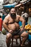 Placeholder: half figure photography of a burly chubby muscular strong 39-year-old arab in Istanbul bazaar, ajar mouth, shirtless, short beard, bald, selling fruits sitting on an old chair, big shoulders, bulge, manly chest, very hairy, side light, view from the ground