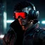 Placeholder: Attractive young male Latino cyberpunk hacker, red shades, targeting glasses, elaborate cyborg helmet, cybernetic enhancements, smiling, intense and focused, post-apocalyptic background, dark eyeshadow, bangs hairstyle, anime style, video game character, unreal engine, trending artstation, trending deviantart