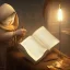 Placeholder: elf in beige coat and white shirt reading a tome, studio lighting, nature background, intricately detailed, smooth glowing feathers, trending on artstation, unreal engine 4k