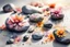 Placeholder: beautiful collection of stones painted with flowers, melting watercolor and black ink outlines on wet paper, soft, shading strokes, in sunshine, ethereal, otherwordly, cinematic postprocessing, bokeh, dof