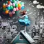 Placeholder: A girl in a blue dress standing tippy toe on the roof of building in chalk-drawn cityscape on a black board, holding a bunch of colorful primary colored balloons.She is standing on the roof of one of the houses, She appears carefree, soaring amidst the whimsical, artistic backdrop of houses.