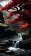 Placeholder: Bonsai Japanese maple red leaves growing out the side of cliff dramatic dark background deep valley below water Fall in the distance