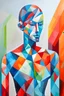Placeholder: Create a handpainted geometric canvas painting which explores abstract representations of the human form with geometric shapes.