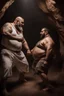 Placeholder: full figure shot photography of two chubby stocky arabs prisoners fighting close, 49 years old in white boxer and dirty tank top, short hair, beard, hairy, sweat, tattoo, in a dark cave, ugly, bullneck, muscular, manly chest, manly arms, emotive eyes, photorealistic, ultradetailed, 32k, ambient occlusion, lit by bonfire, misery and poverty, side view from below