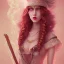 Placeholder: Fire witch, sweet looking, intimidating beauty, young, round face, pale skin, freckles, wild curly pink hair, red colored eyes, wearing a pink witch hat, wearing a glowing pink-red crystal necklace, pink and red eyeshadow, glossy pink lips