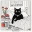 Placeholder: A whimsical hand-drawn cartoon of a ruffled black cat with wildly anxious eyes, wearing a polka-dot nightcap, perched on a bed strewn with floral pillows and tossed papers. The cat’s paws clutch an oversized book titled ‘How Not To Be Scared’. Above the headboard hangs a Friday the 13th calendar page marked Friday the 13th and a ghost-shaped sticky note that reads “Boo!” rests on the pillow. A knocked-over coffee mug drips on the bed. Warm, golden lamplight bathes the scene in rosy shadows, acce