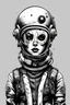 Placeholder: rebel punk with a space helmet on, black and white hand drawn full body. face covered