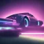 Placeholder: 1980's aesthetic vaporwave sports car glowing in a dark field at night