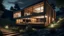 Placeholder: A modern, minimalist house with a wooden exterior and large windows overlooking a natural landscape at night