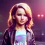 Placeholder: Jennifer lawrence toddler, full body, leather jacket, floral shirt, floral skirt, Nike sneaker, soft skin, city background, dramatic lighting, hyper realistic