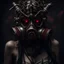 Placeholder: Demonic mechanical creepy aggressive necrophage zombie undead girl with scary red eyes, in a spiky mechanical gas mask with tubes, dark fantasy horror, Filigree, Aesthetically pleasing, Realistic, Professional photo, 4k, hight resolution, higly detailed, 30mm lens, 1/250s, f/2.8, ISO 100