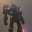 Placeholder: mecha with tracks for a tank. His body is armor and his hands are machine guns. The robot head has glass and the driver is an animal