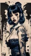 Placeholder: Poster in two gradually, a one side malevolent goth vampire girl face and other side the Singer Melanie Martinez face, full body, painting by Yoji Shinkawa, darkblue and sepia tones,