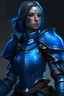 Placeholder: blue skinned cleric woman in dark blue armor