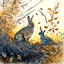 Placeholder: Watercolor and fine ink: Rabbit and Crow in late Autumn / morning Sun rising , tall dry grasses and fallen leaves, barren limbs on tmaple trees Modifiers: highly detailed sharp focus intricate oil on canvas 4k award winning fantastic view crisp quality hdr acrylic art