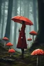 Placeholder: tall slim woman in a ragged clothing, in a forest, holding an umbrella made from a fly agaric mushroom, raining, detailed matte painting, deep colour, fantastical, intricate detail, complementary colours, fantasy concept art, 8k resolution, Unreal Engine 5