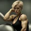 Placeholder: ultra realistic photograph of a very muscular woman with short blonde hair wearing a black teeshirt