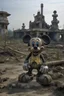 Placeholder: far in the future, a gigantic stature of a micky mouse sits among ruins of buildings. time has weathered the landscape for thousands of years. a small makeshift camp with people can be seen contrasting the massive statue.