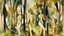 Placeholder: Tema: Desnudo integrado en la naturaleza a través de planos geométricos → Disciplina: Acuarela y fotografía de paisaje → Estética: Postimpresionismo constructivo y primitivo → Lenguaje visual: Planos de color y pinceladas en paralelo que construyen volumen sin línea → Composición: Grupo de figuras desnudas en una arboleda, fusionadas con el paisaje mediante formas cilíndricas, con una figura principal en primer plano → Iluminación: Luz de mediodía, clara y uniforme, que aplana las formas ligeram